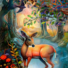 Illustration of deer in vibrant forest with bird and intricate flora