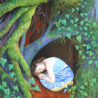 Surreal illustration of woman and child with flowing hair as tree canopy