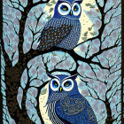 Stylized owls with large eyes on branches in colorful leafy setting.
