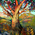 Colorful Tree Painting with Detailed Branches and Leaves