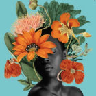 Portrait of Woman with Orange and Yellow Flowers on Teal Background