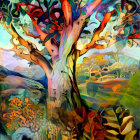 Colorful stylized tree with vibrant, patterned leaves.