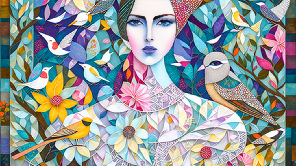 Colorful Nature-Inspired Artwork with Woman's Face, Birds, Flowers, & Patterns