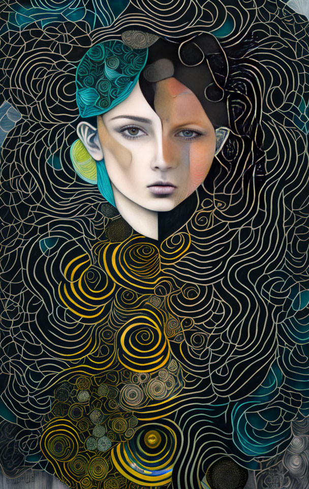 Stylized portrait with blue eyes and gold patterns on dark background