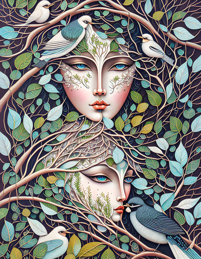 Symmetrical nature-inspired artwork with blended faces and birds