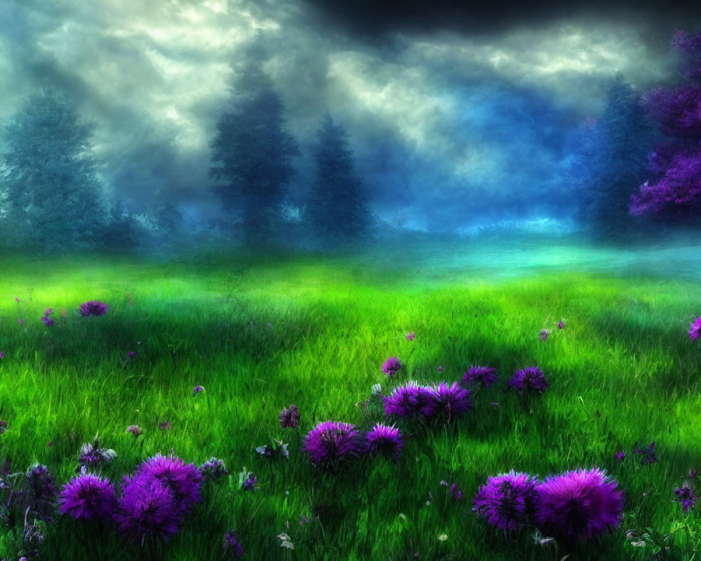 Mystical forest scene with lush greenery, purple wildflowers, mist, and ethereal blue