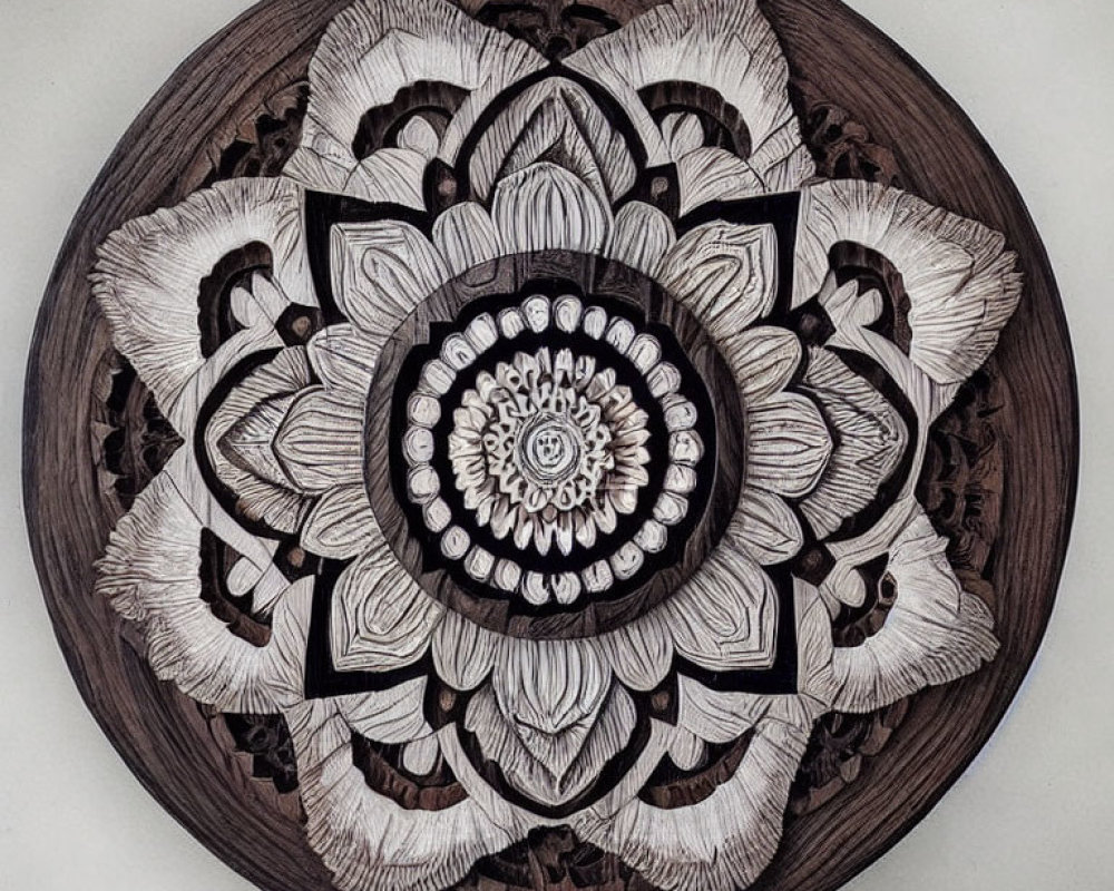 Intricate Wooden Mandala with Symmetrical Floral Designs