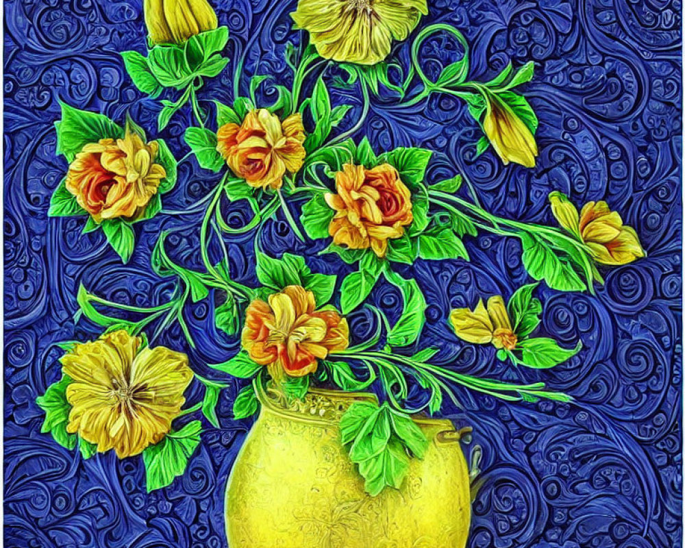 Colorful digital art: orange and yellow flowers in golden vase on blue background