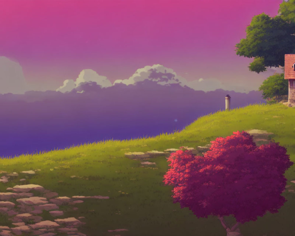 Tranquil digital art: house by lake, pink tree, purple sky