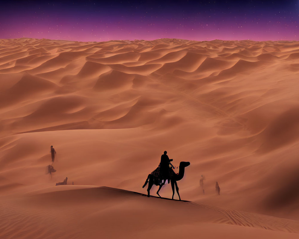 Silhouetted figure on camel in vast desert under starry night sky