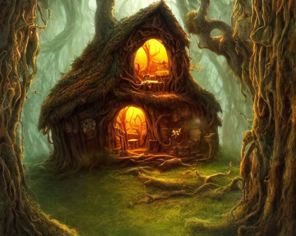 Moss-Covered Cottage in Enchanted Forest with Glowing Windows