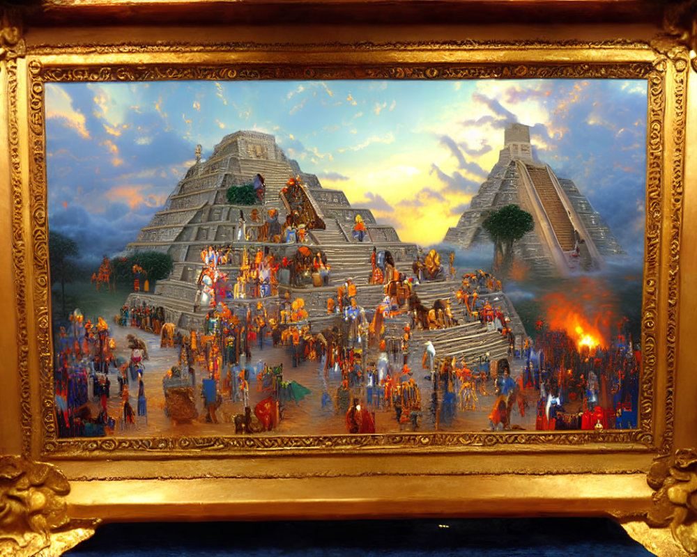 Gold-framed painting of ancient Mesoamerican city scene with pyramids, crowds, and fires.