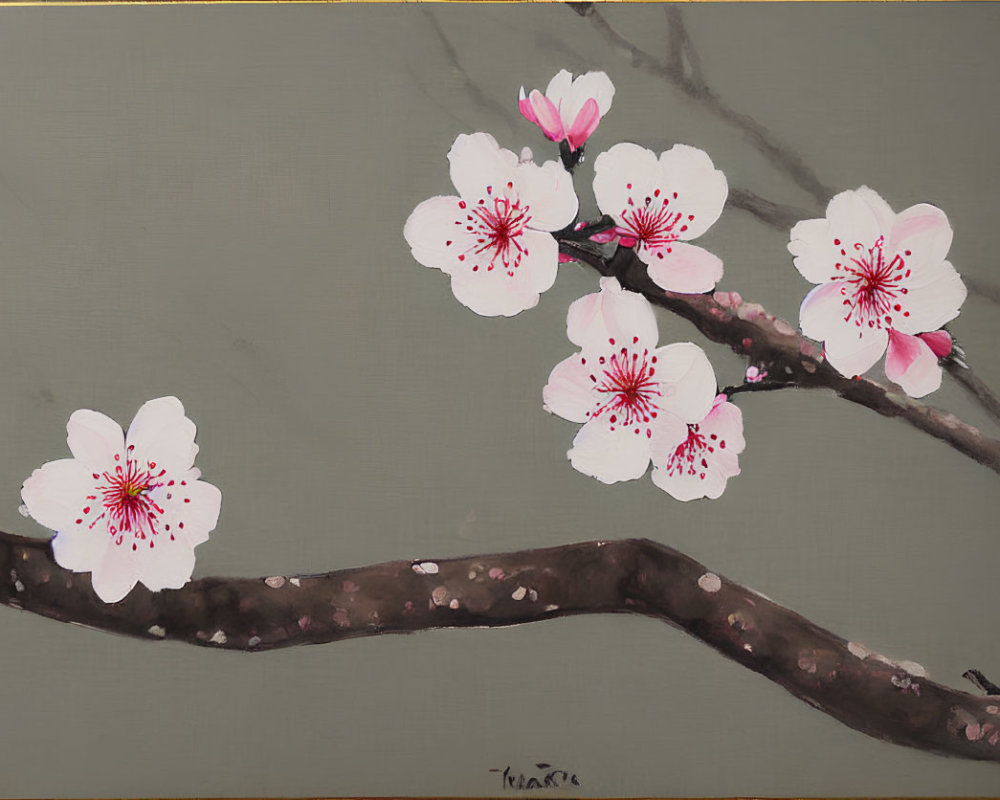 Detailed Cherry Blossoms Painting on Muted Green Background