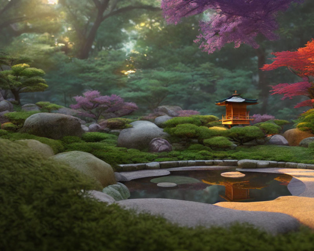 Tranquil Japanese Garden at Dusk with Stone Lantern, Pond, Maple Trees, and Bushes