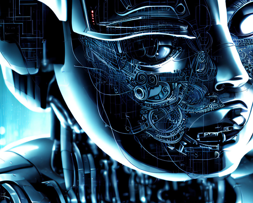 Detailed 3D-rendered humanoid robot with blue circuitry on dark background