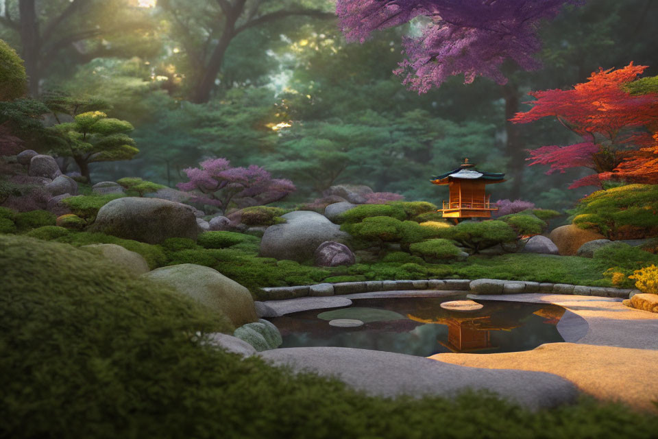 Tranquil Japanese Garden at Dusk with Stone Lantern, Pond, Maple Trees, and Bushes
