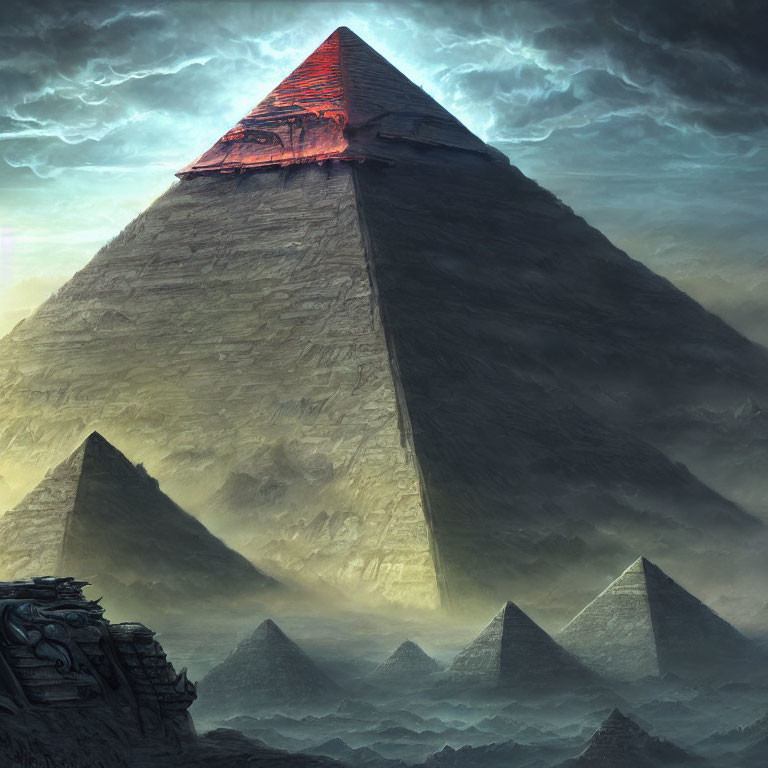 Surreal landscape with glowing red pyramid under stormy sky
