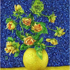 Colorful digital art: orange and yellow flowers in golden vase on blue background