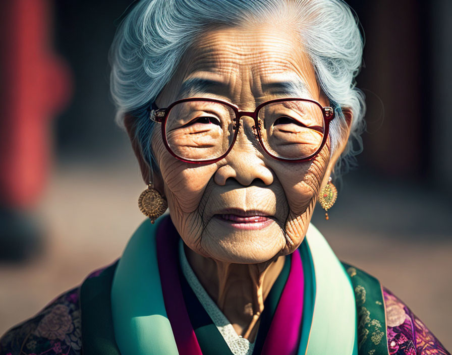Elderly woman in traditional attire with white hair and glasses