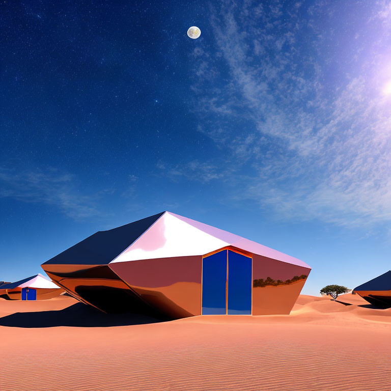 Surreal desert landscape with geometric pyramid-like structures under starry sky