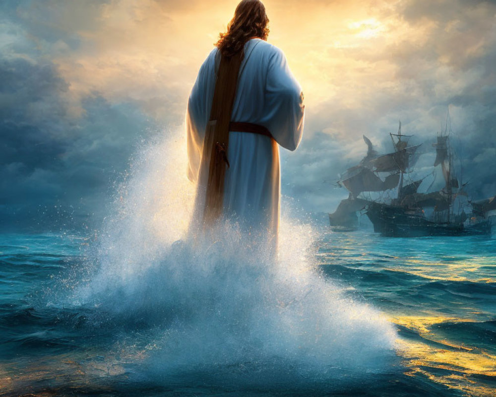 Figure in robes standing on water facing sunlit horizon with stormy clouds and sailing ship