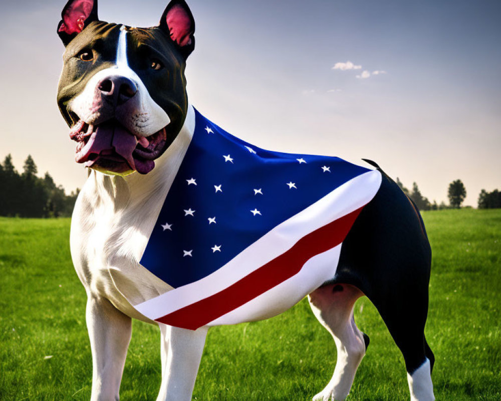 Muscular dog draped in American flag on grassy field with trees and blue sky