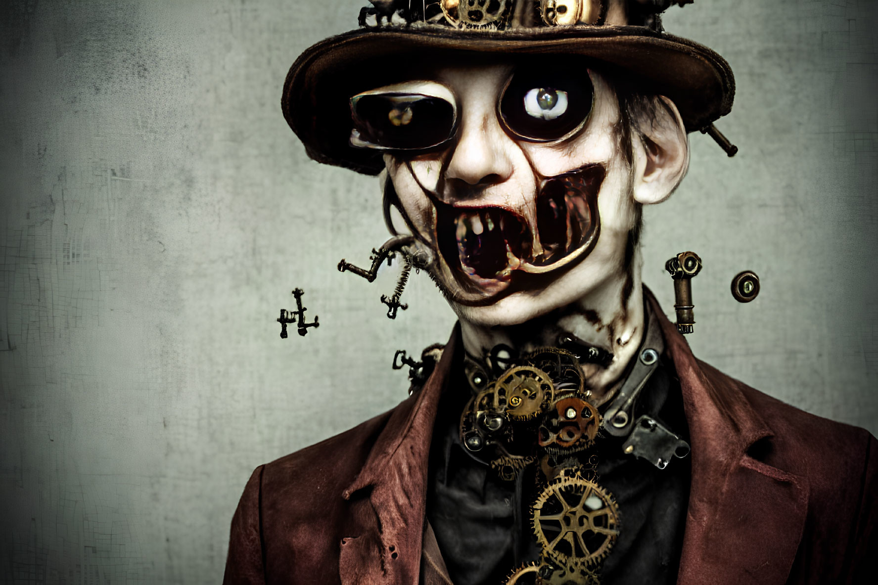Steampunk-inspired character with mechanical eyes and jaw, vintage suit, and top hat on textured background