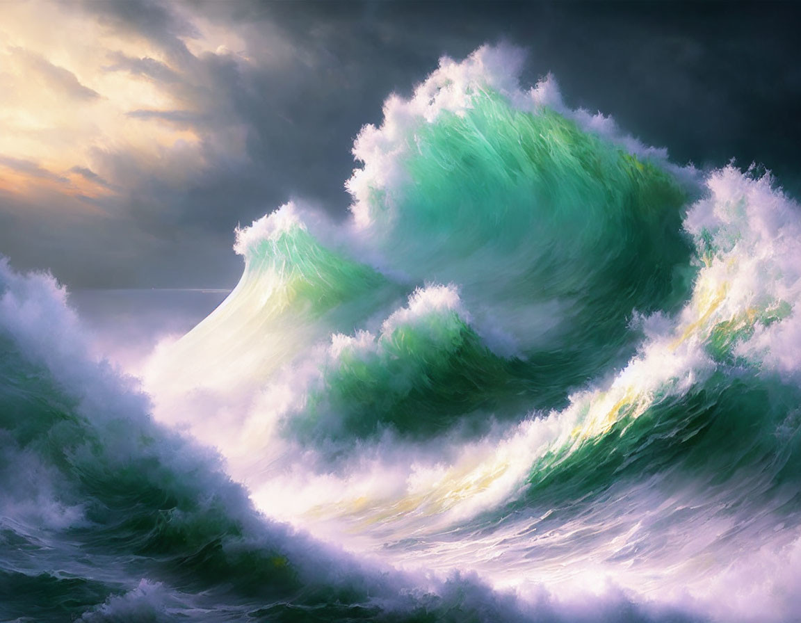 Towering Green Wave with White Foam Against Stormy Sky