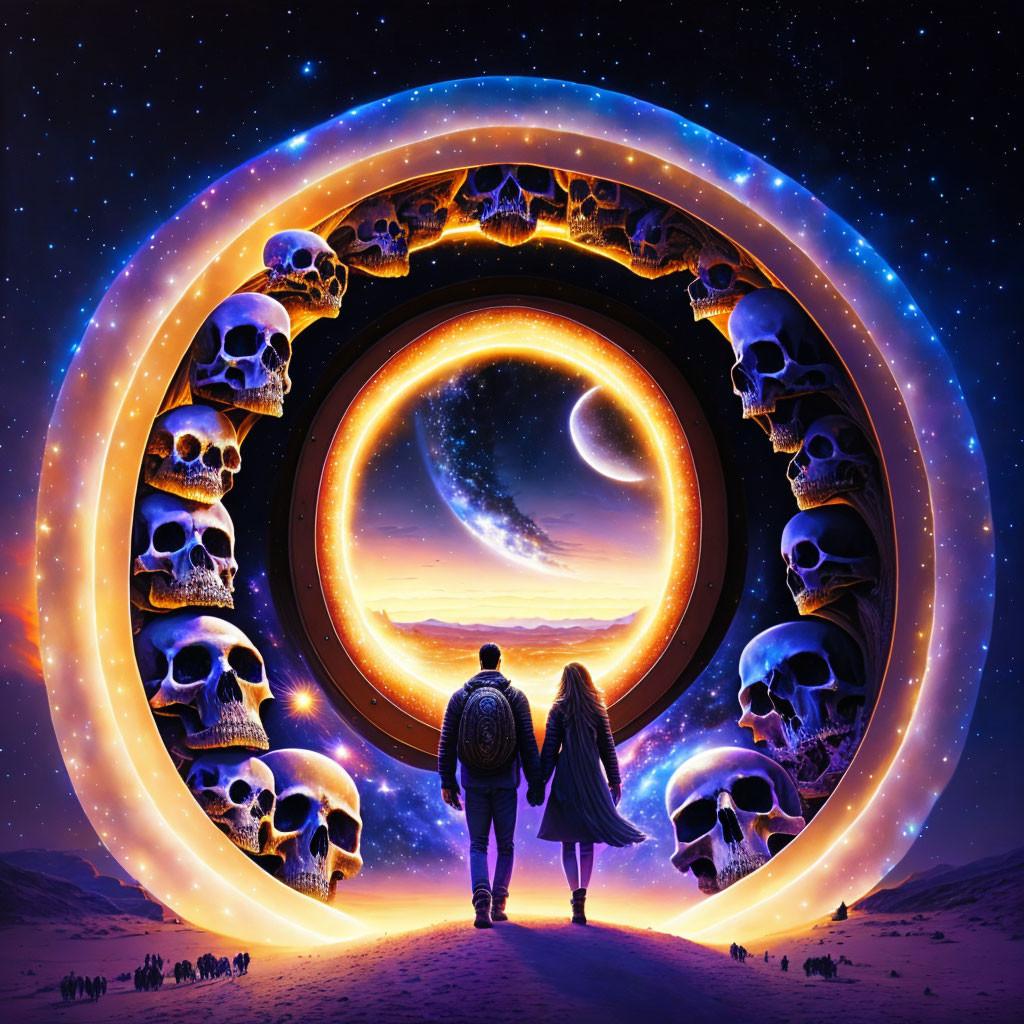 Couple holding hands by surreal skull portal in cosmic desert landscape