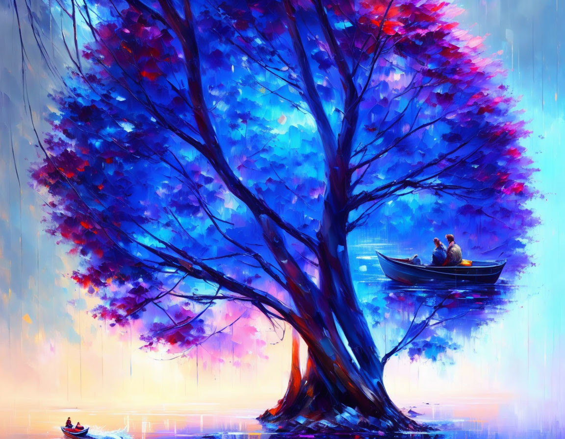 Colorful Impressionistic Painting: Two Figures in Boat under Tree