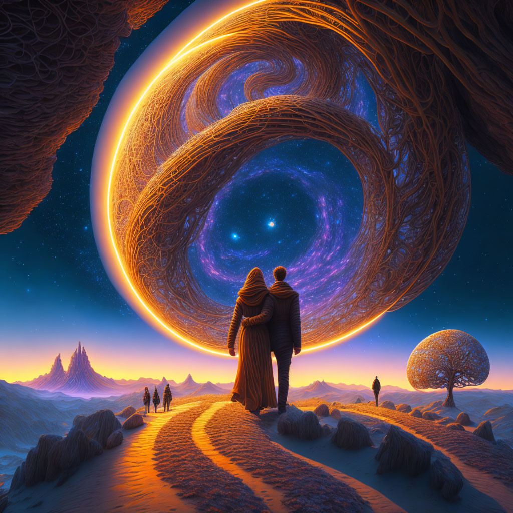 Couple on alien landscape with celestial vortex and unique flora.