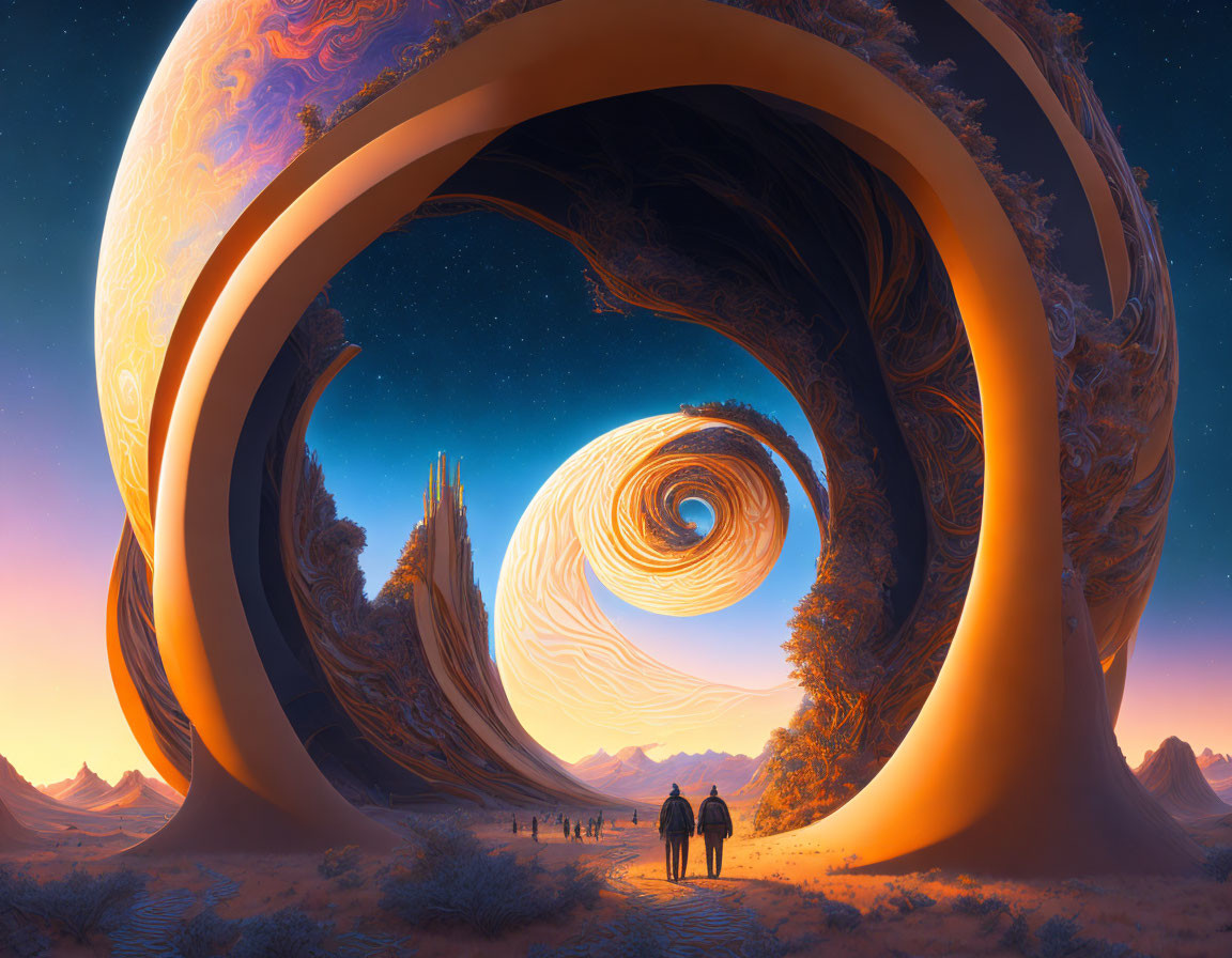 Alien world with colossal spiraling structure and cityscape view