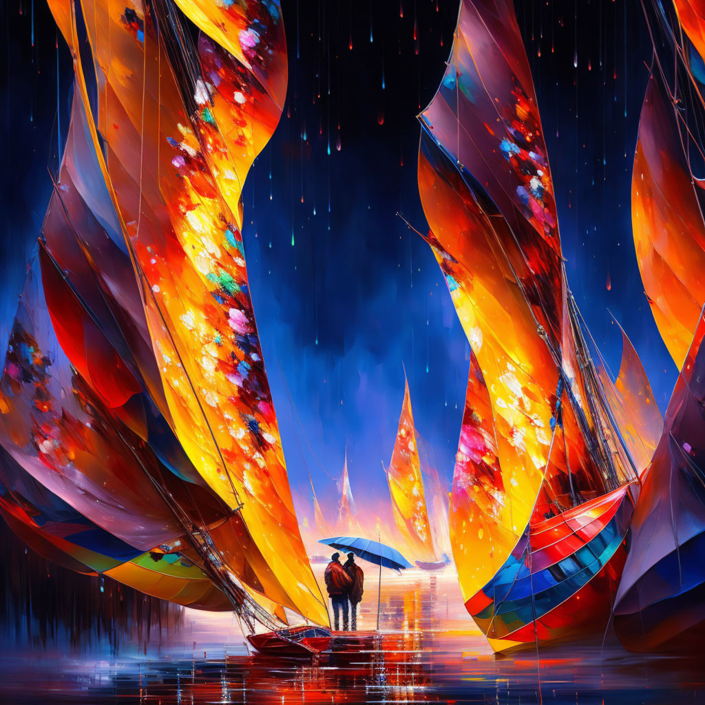 Colorful digital artwork: Person on boat with fantastical sails on glassy waters