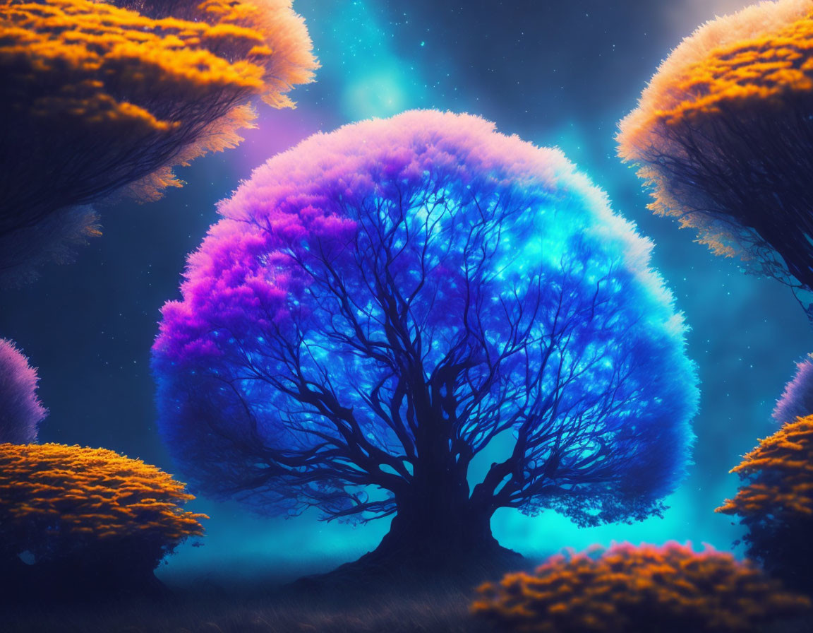 Mystical tree digital art: Purple and blue foliage under starry sky