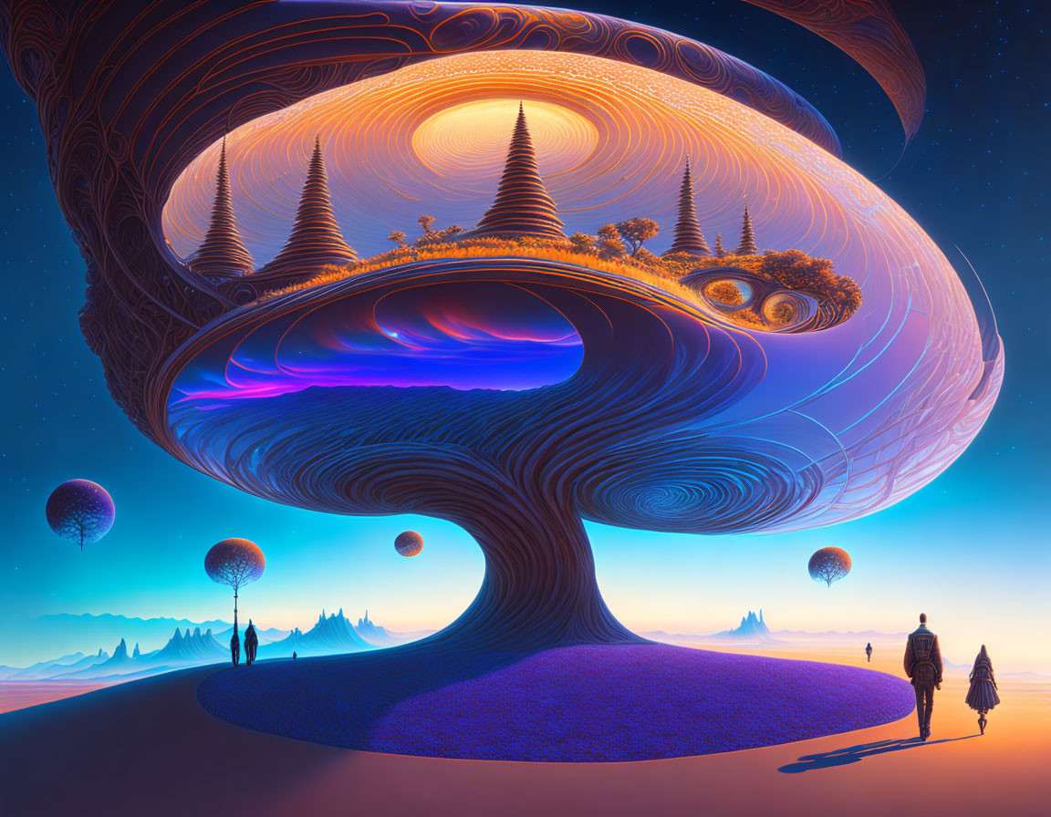 Surreal landscape with giant tree, multiple moons, and silhouetted figures