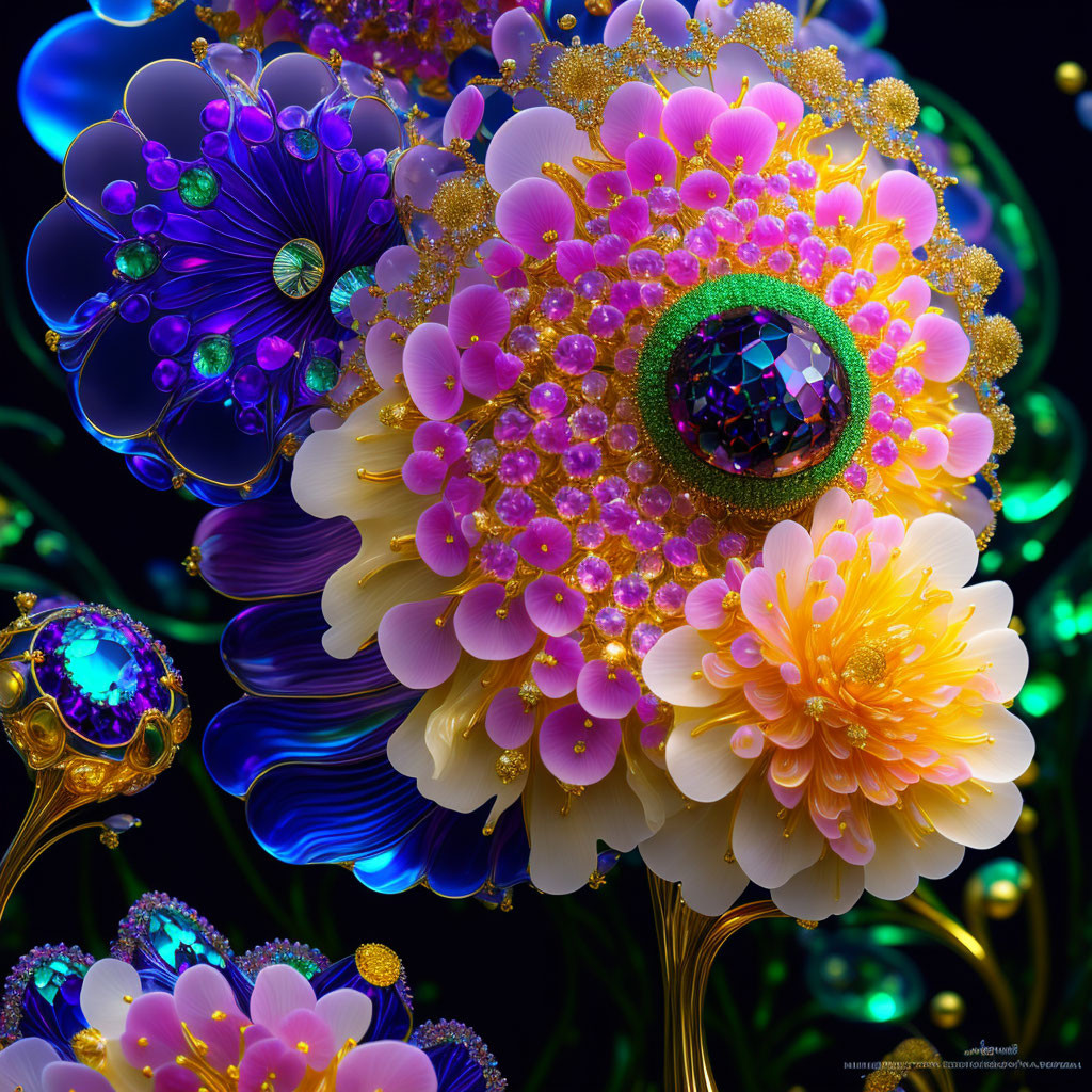 Detailed Jewel-Toned Floral Artwork on Dark Background