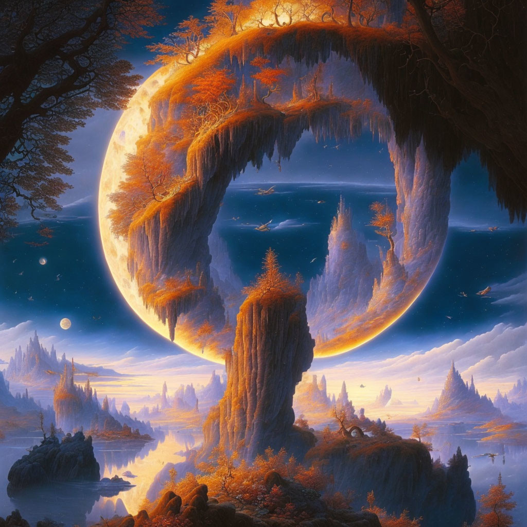 Fantastical landscape with oversized moon, waterfalls, autumn forests, rocks, twilight sky