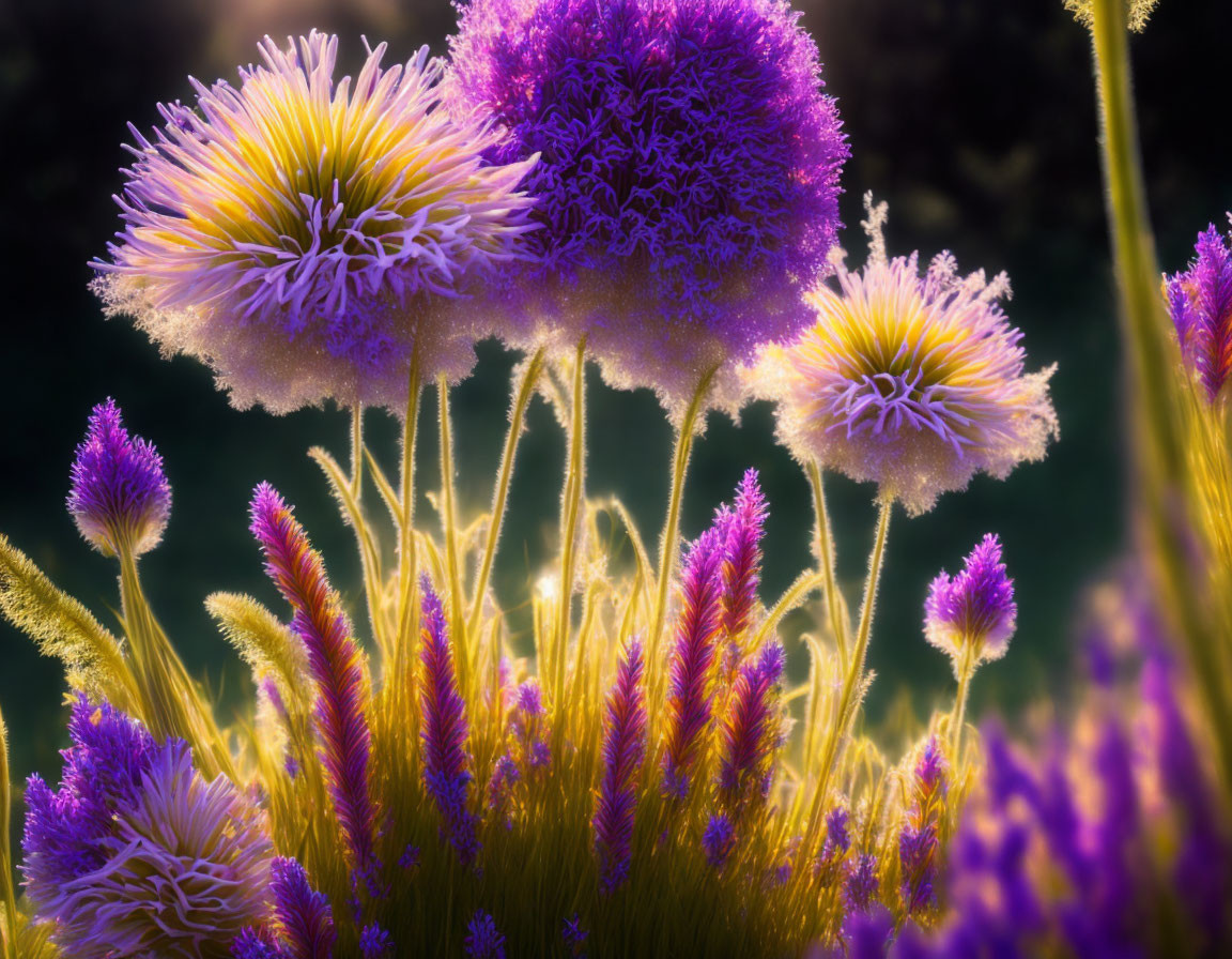 Colorful Purple and Yellow Flowers on Dark Background with Detailed Petals