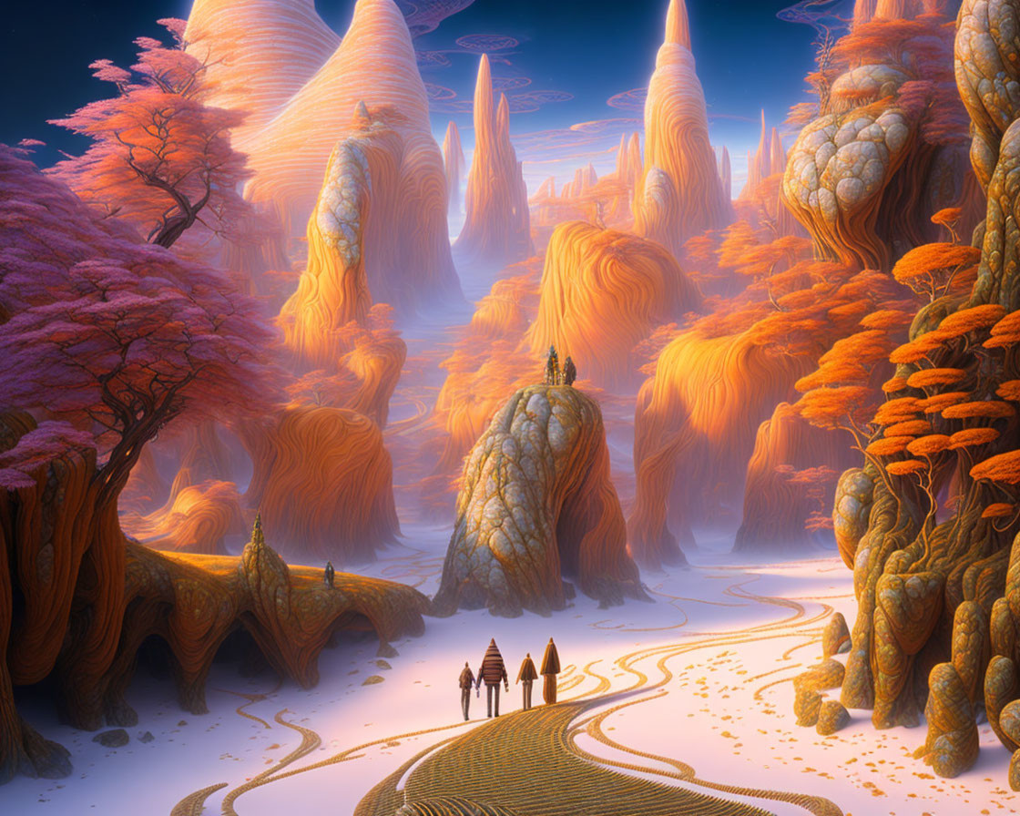 Fantasy landscape with towering orange rock formations and colorful foliage