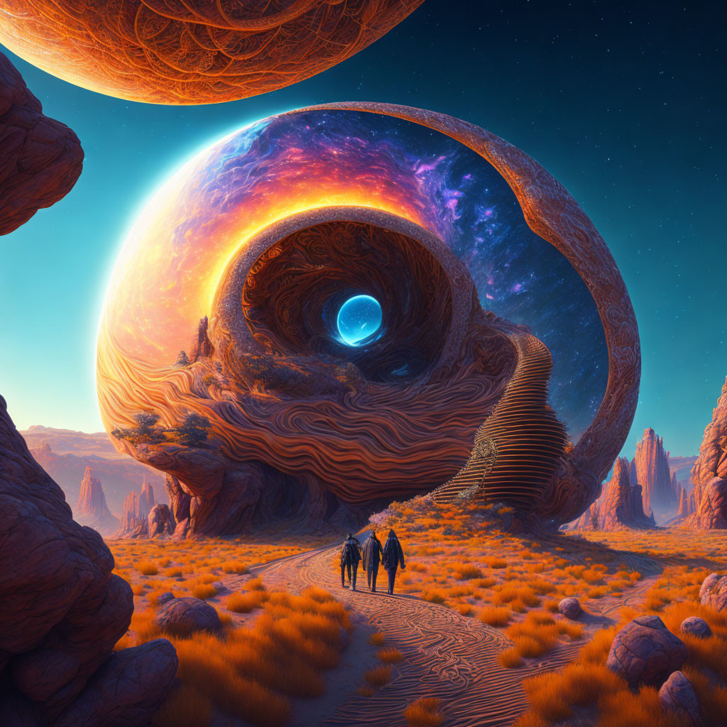 Alien desert landscape with three figures under swirling planets
