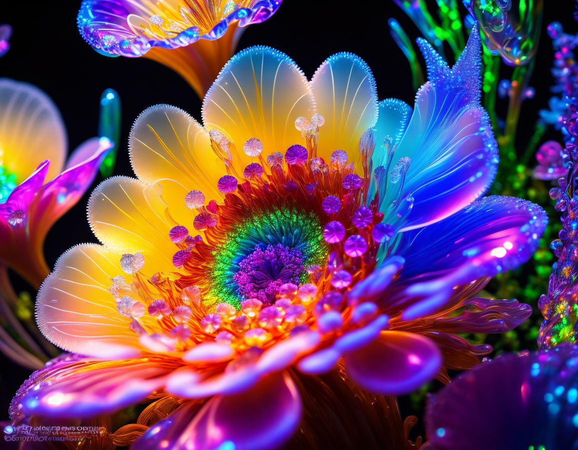 Vivid UV Floral Arrangement with Neon Hues and Water Droplets