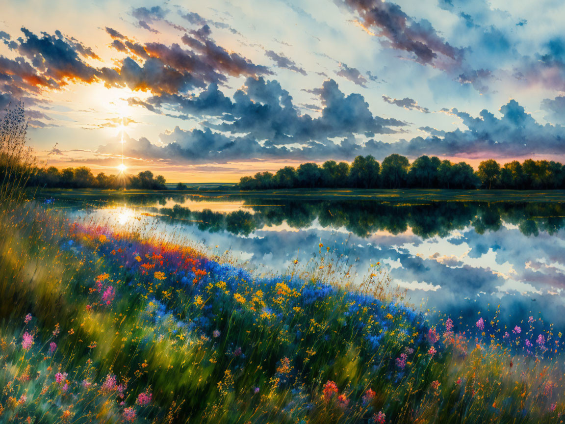 Scenic sunset over serene lake with reflections and wildflowers