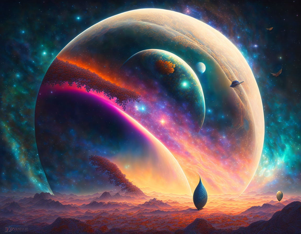 Colorful space artwork with large planet, auroras, celestial bodies, rocky landscape, and birds.