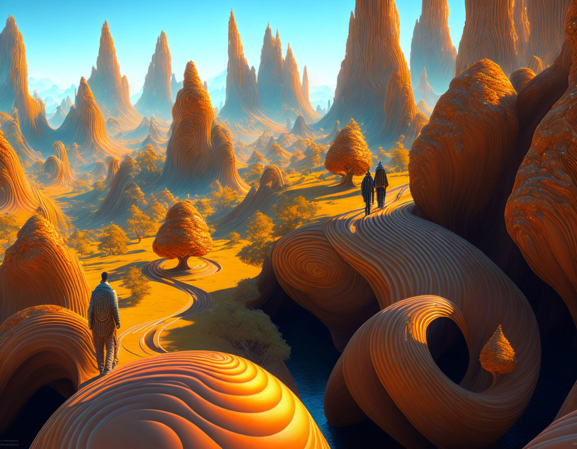 Vibrant Orange Fantasy Landscape with Alien Flora and Exploring Figures