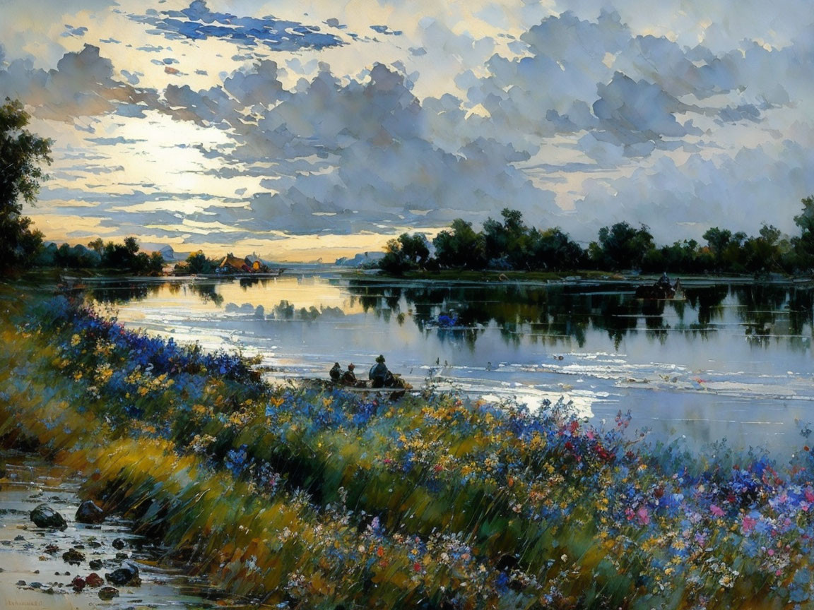 Tranquil twilight river scene with colorful wildflowers, boat, and dramatic sunset