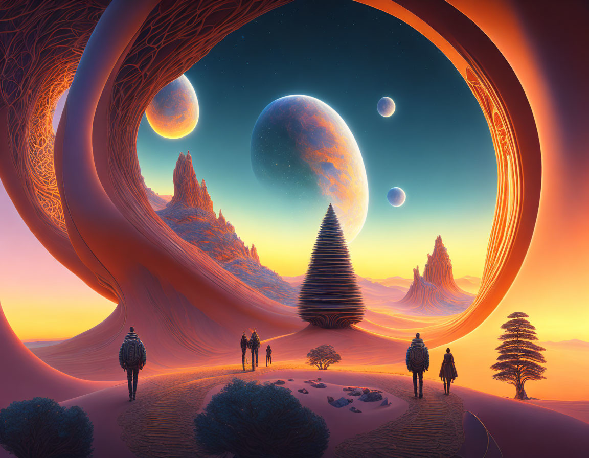 Surreal landscape with individuals gazing at multiple planets in twilight.