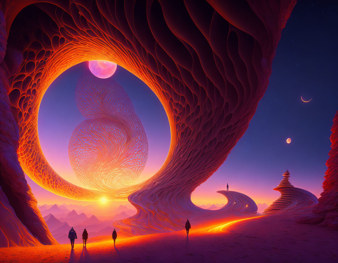 Surreal landscape with glowing spiral archway under purple sky