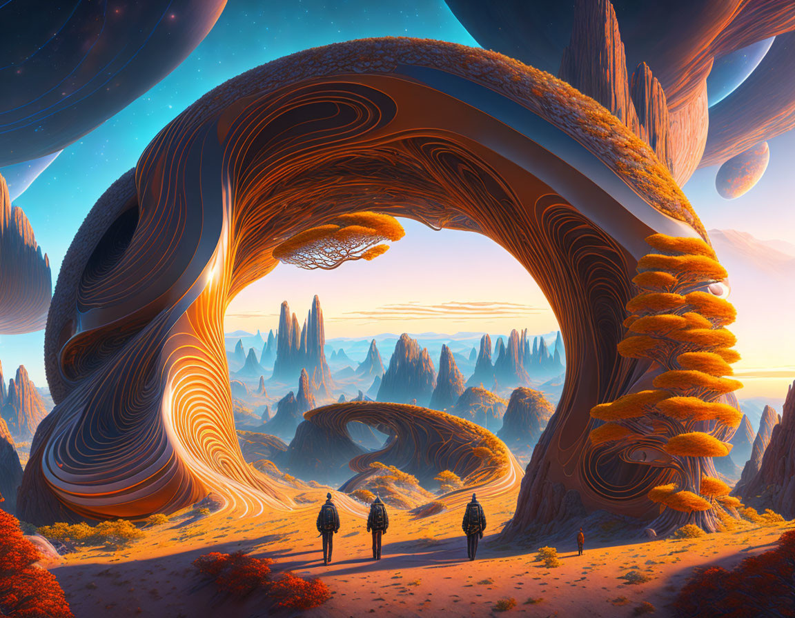 Fantastical landscape with figures walking towards swirling rock arch