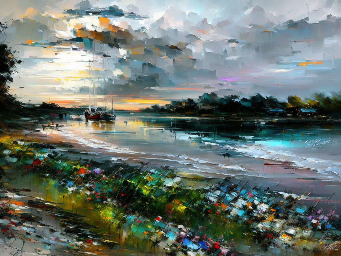 Impressionistic sunset painting of tranquil harbor with boat and vibrant colors