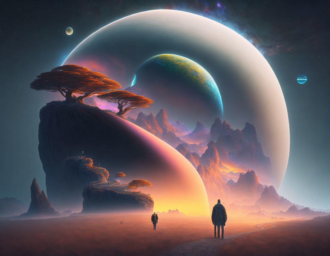 Surreal landscape with twisting trees, figures, mountains, and ringed planet